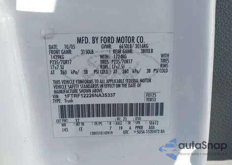 2006 Ford F-150 Stx/Xl/Xlt z USA, uszkodzony, nr VIN 1FTRF12226NA35337